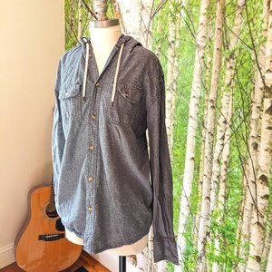 Chambray Denim Button Down Hoodie with Southwestern Print Elbow Patches